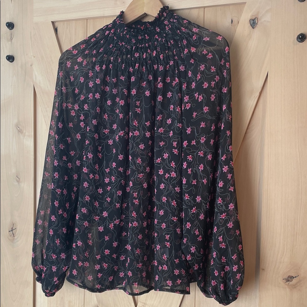 Elizabeth and James Sheer Black Blouse with Pink Floral Design